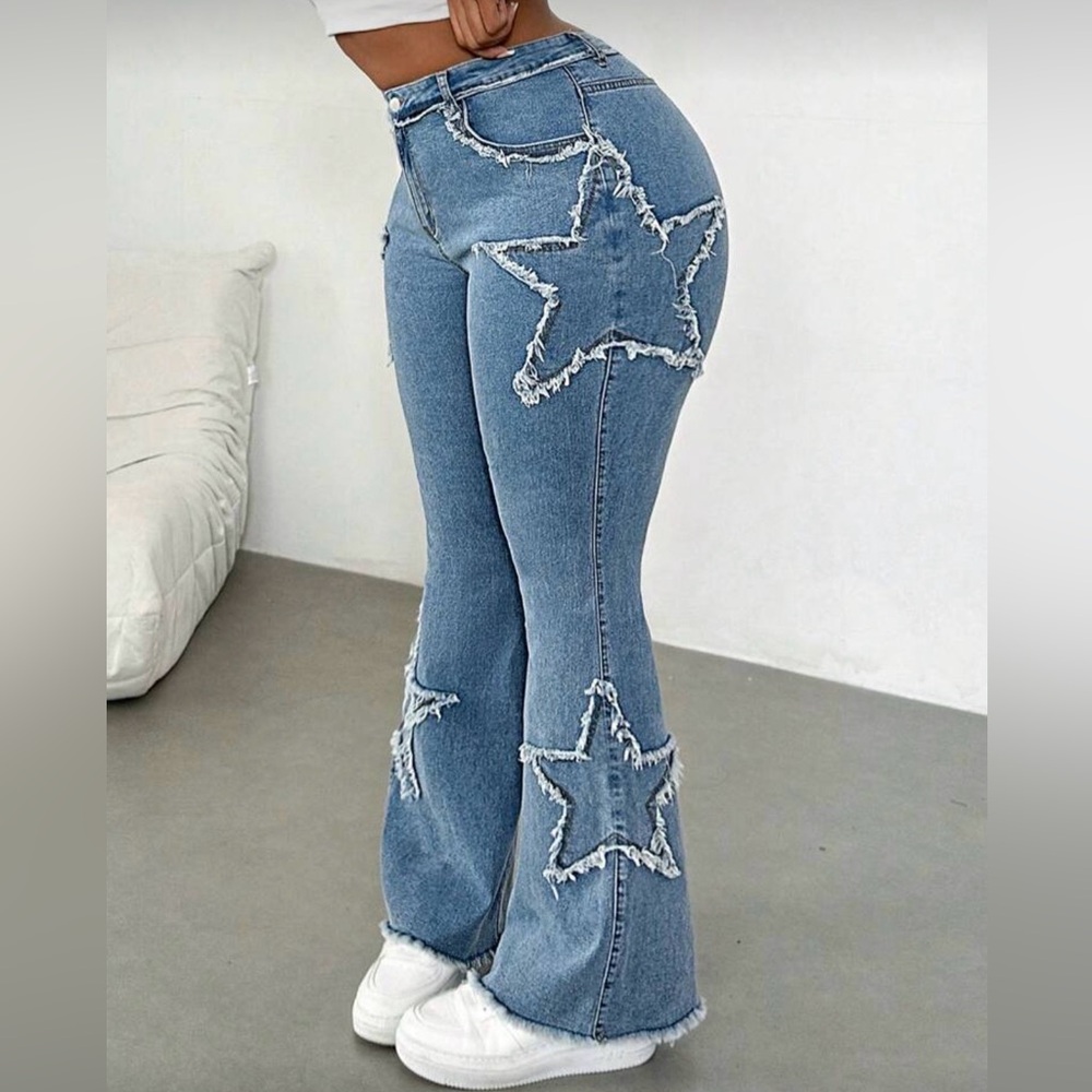 Plus Size Blue Denim Casual Skinny Flare Jeans - Picture 2 of 6